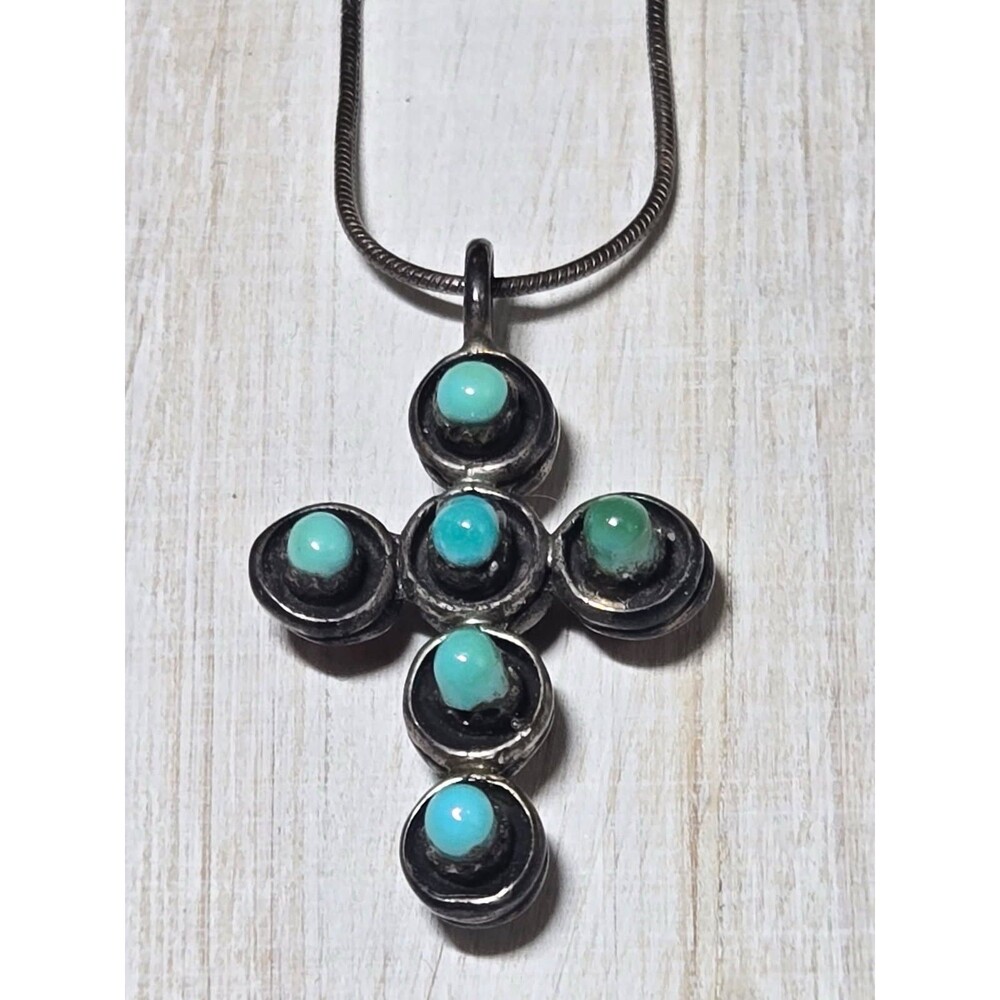 Vintage Southwestern Pawn Silver Turquoise Coral Double Sided Cross 27” Necklace